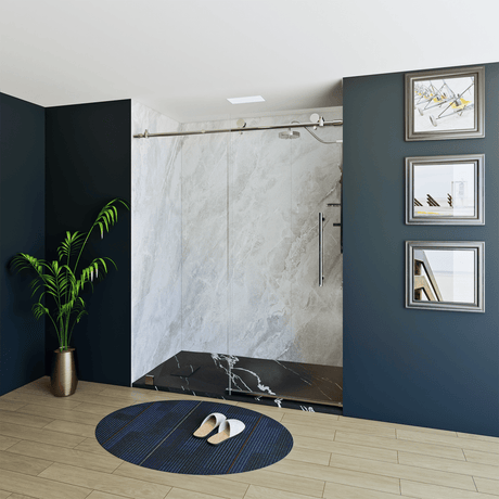 60" X 76" Armani Grey Alcove Shower Wall Kit - Shower Door / Wall System / Solid Surface Shower Base Tray with Covered Drain - BUILDMYPLACE