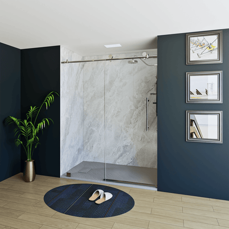 60" X 76" Armani Grey Alcove Shower Wall Kit - Shower Door / Wall System / Solid Surface Shower Base Tray with Covered Drain - BUILDMYPLACE