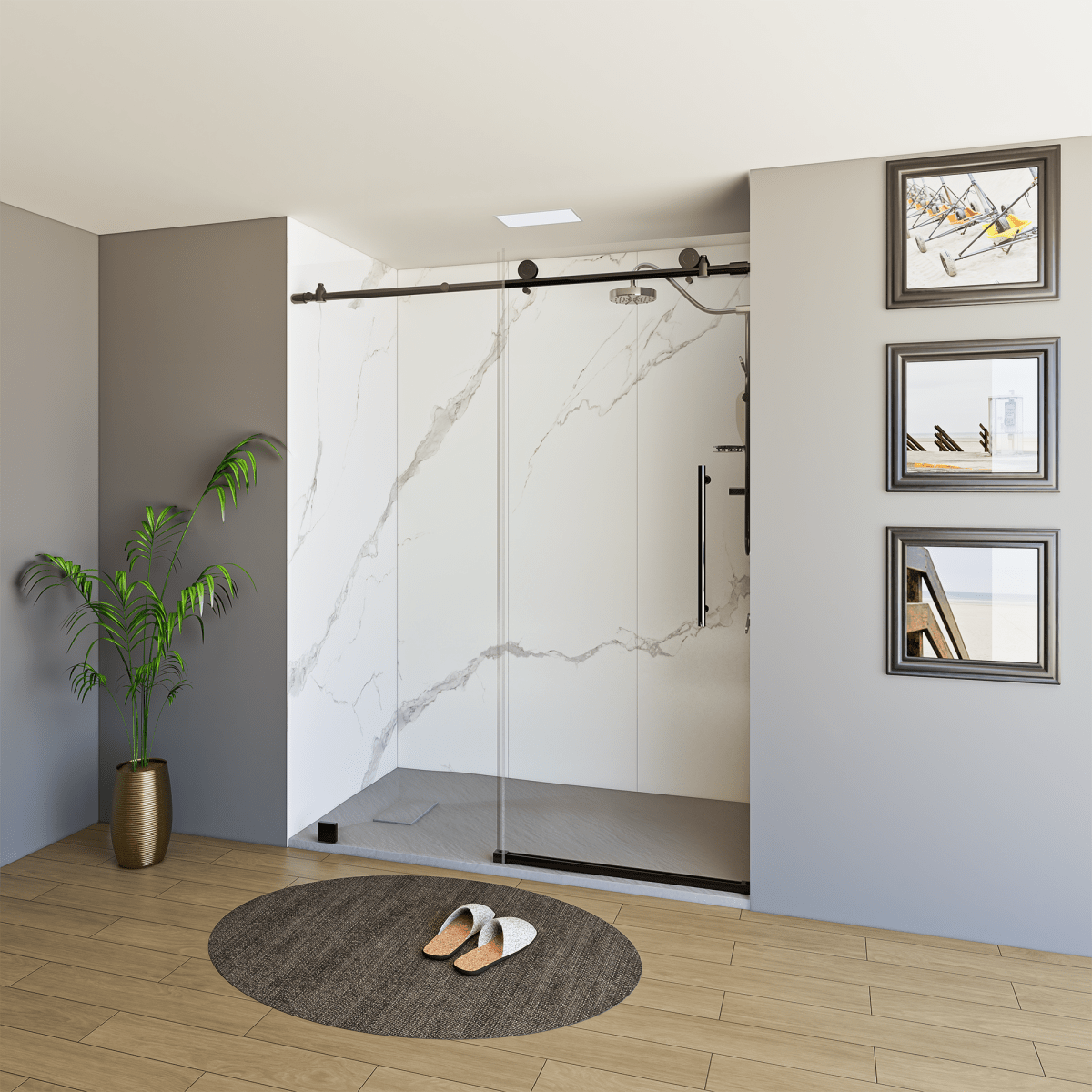 60 x 76 Inch Frameless Wall to Wall Shower Enclosure with One Fixed Glass & One Sliding Door, Clear Tempered Glass: 8mm, Black Finish - PRO - BUILDMYPLACE