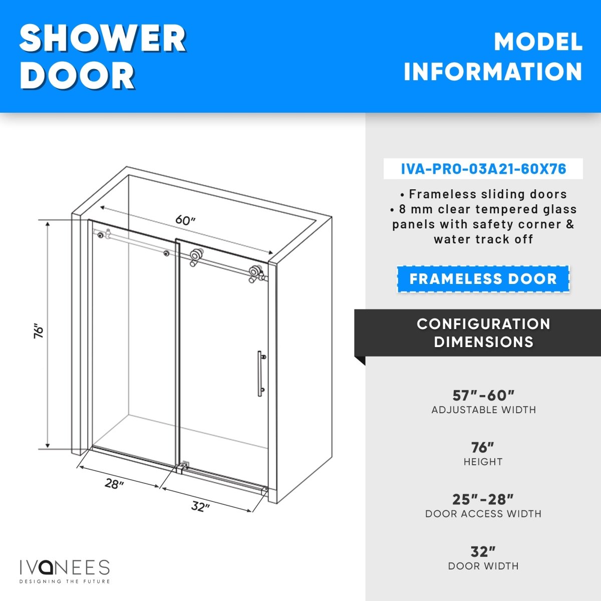 60 x 76 Inch Frameless Wall to Wall Shower Enclosure with One Fixed Glass & One Sliding Door, Clear Tempered Glass: 8mm, Black Finish - PRO - BUILDMYPLACE