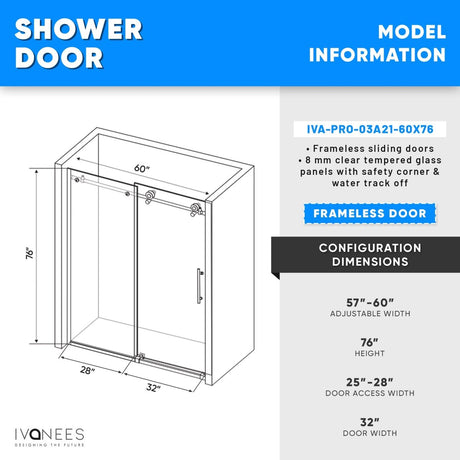 60 x 76 Inch Frameless Wall to Wall Shower Enclosure with One Fixed Glass & One Sliding Door, Clear Tempered Glass: 8mm, Black Finish - PRO - BUILDMYPLACE