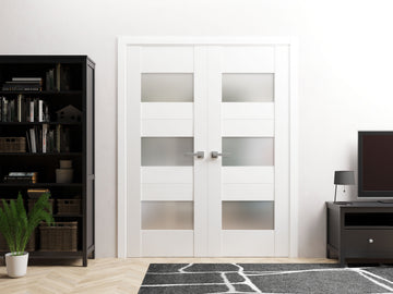 Solid French Double Doors Opaque Glass / Sete 6003 White Silk / Wood Solid Panel Frame / Closet Bedroom Modern Doors