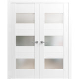 Solid French Double Doors Opaque Glass / Sete 6003 White Silk / Wood Solid Panel Frame / Closet Bedroom Modern Doors