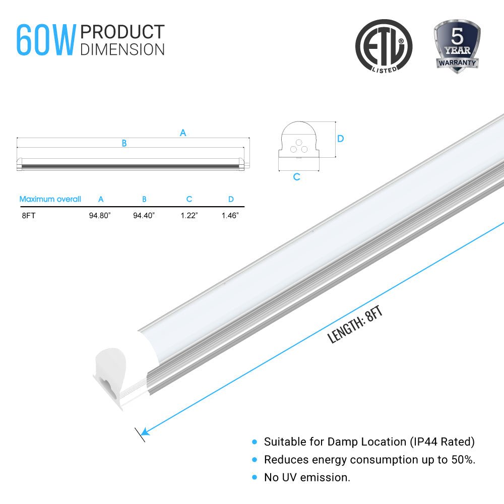 60W 8ft LED Tube Integrated Lights - 5000k; V - Shaped Frosted - 50,000 Life Hours - 5 Years Warranty - BUILDMYPLACE