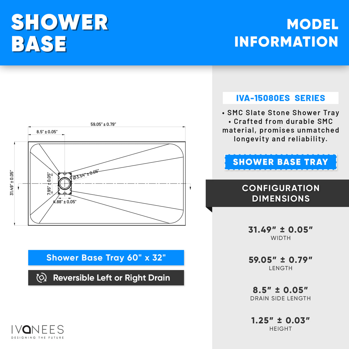 SMC / Solid Surface Shower Base Tray 60" × 32" - with Side Drain Hole, Drain Cover & Waste