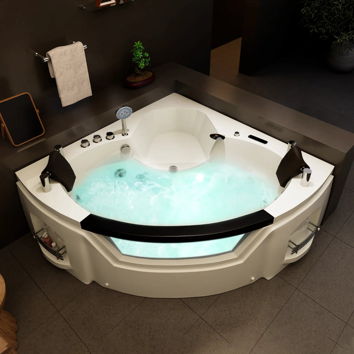 61" Acrylic Whirlpool Corner Bathtub with 2 Person Hot Spa And Center Drain - BUILDMYPLACE