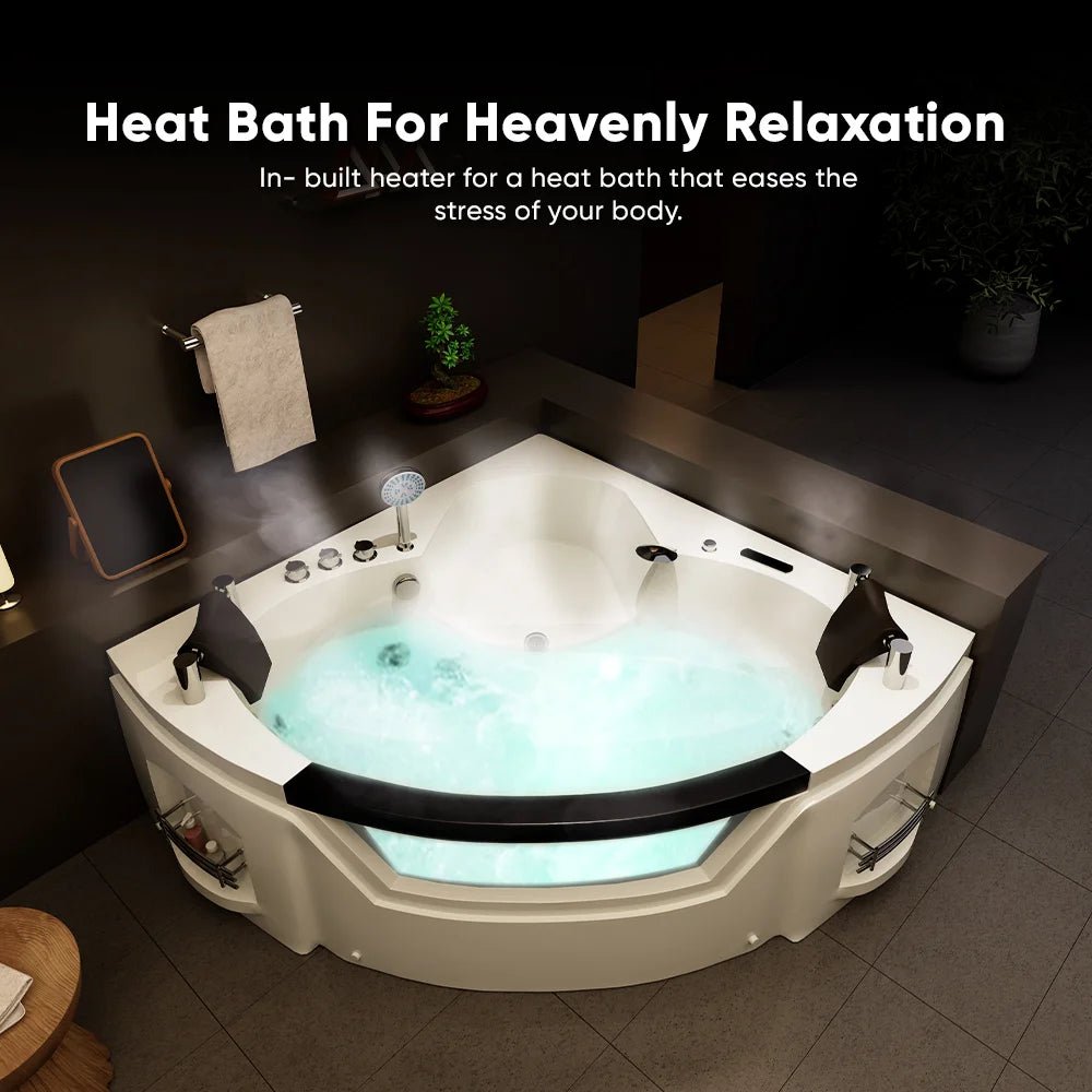 61" Acrylic Whirlpool Corner Bathtub with 2 Person Hot Spa And Center Drain - BUILDMYPLACE