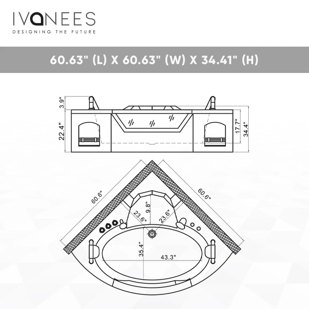 61" Acrylic Whirlpool Corner Bathtub with 2 Person Hot Spa And Center Drain - BUILDMYPLACE