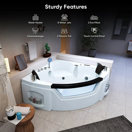 61" Acrylic Whirlpool Corner Bathtub with 2 Person Hot Spa And Center Drain - BUILDMYPLACE