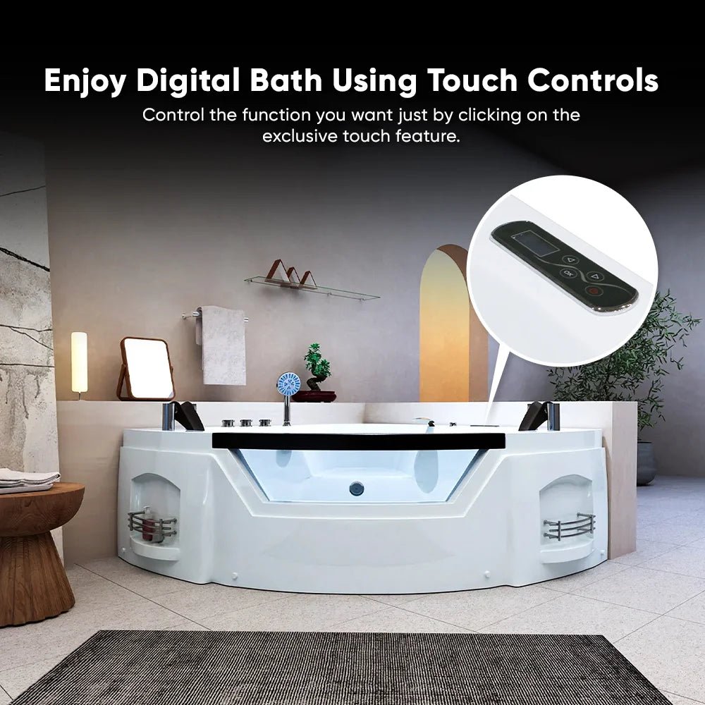 61" Acrylic Whirlpool Corner Bathtub with 2 Person Hot Spa And Center Drain - BUILDMYPLACE