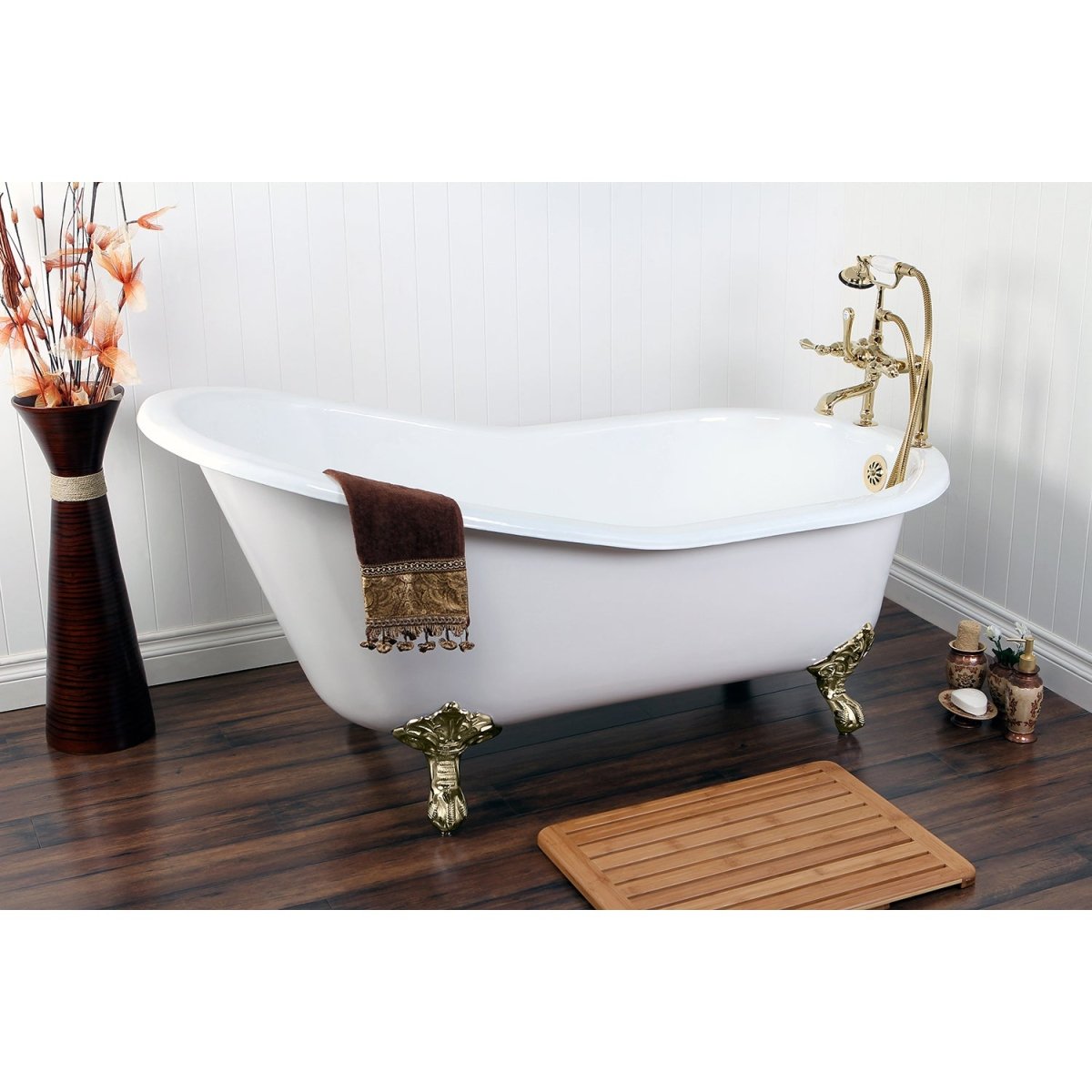 61" Cast Iron Safe and Anti - Slide Cast Slipper Bathtub with 7 - Inch Faucet Drillings - BUILDMYPLACE