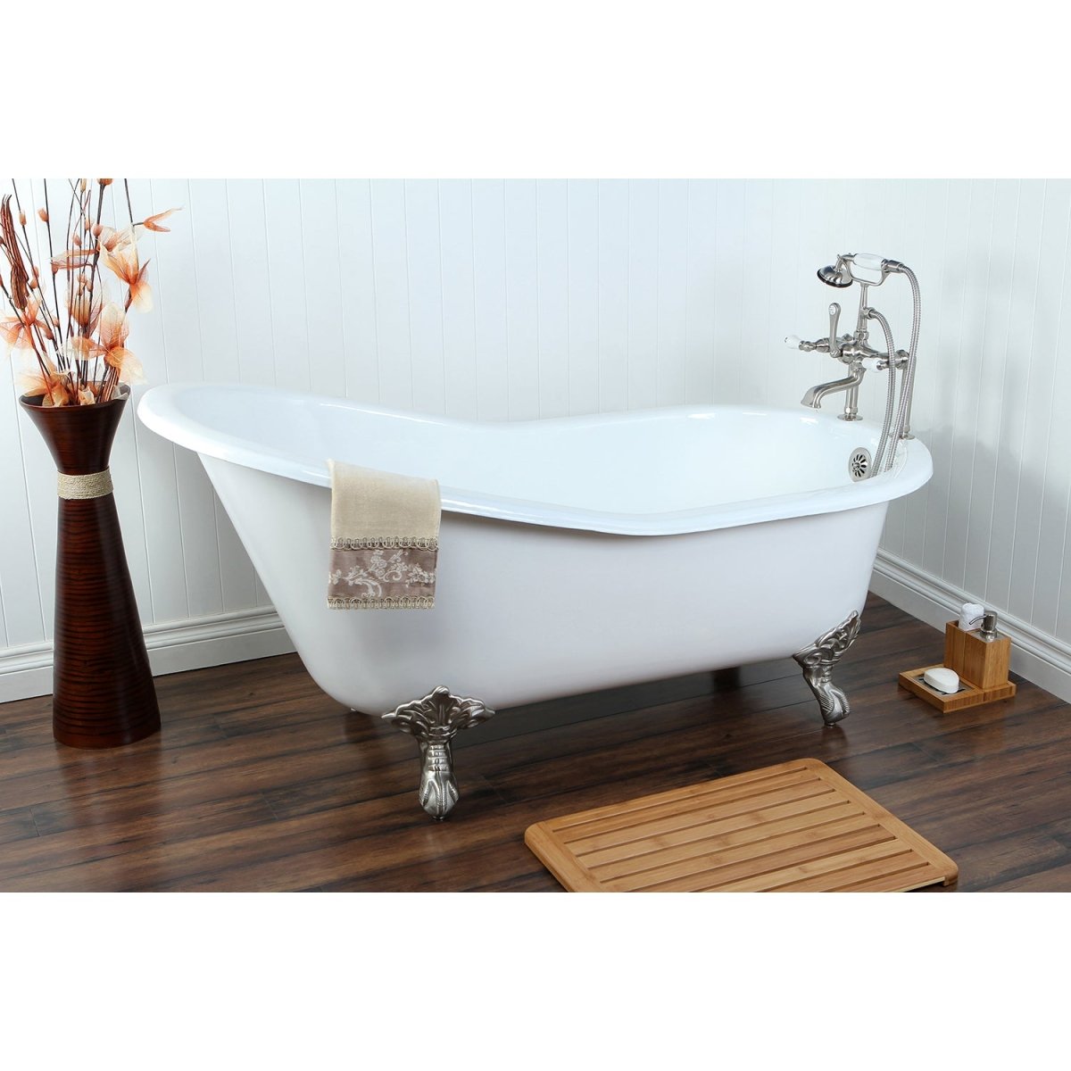 61" Cast Iron Safe and Anti - Slide Cast Slipper Bathtub with 7 - Inch Faucet Drillings - BUILDMYPLACE