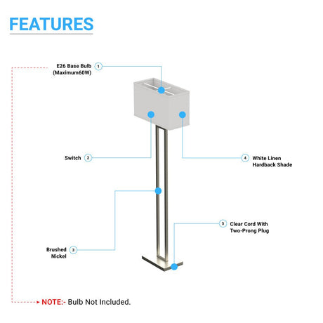 61" Decorative Floor Lamp W/ 1 Pc ON - OFF Switch - Brushed Nickel & Straight Rectangular Pure White Linen Shade - BUILDMYPLACE