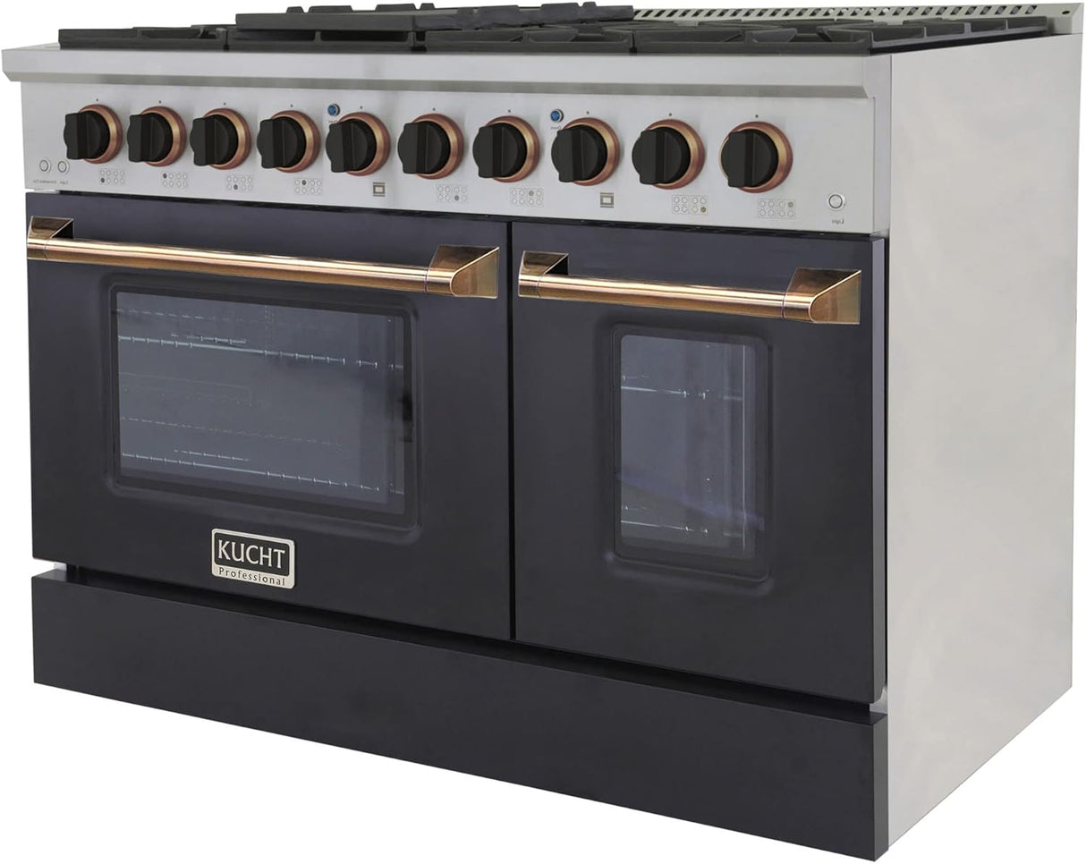 KUCHT Professional 48 in. 6.7 cu. ft. Dual Fuel Range for Natural Gas with Sealed Burners, Griddle/Grill and Two Ovens - One Convection - in Stainless Steel with Gold Handle, Rings and Knobs.