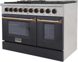 KUCHT Professional 48 in. 6.7 cu. ft. Dual Fuel Range for Natural Gas with Sealed Burners, Griddle/Grill and Two Ovens - One Convection - in Stainless Steel with Gold Handle, Rings and Knobs.