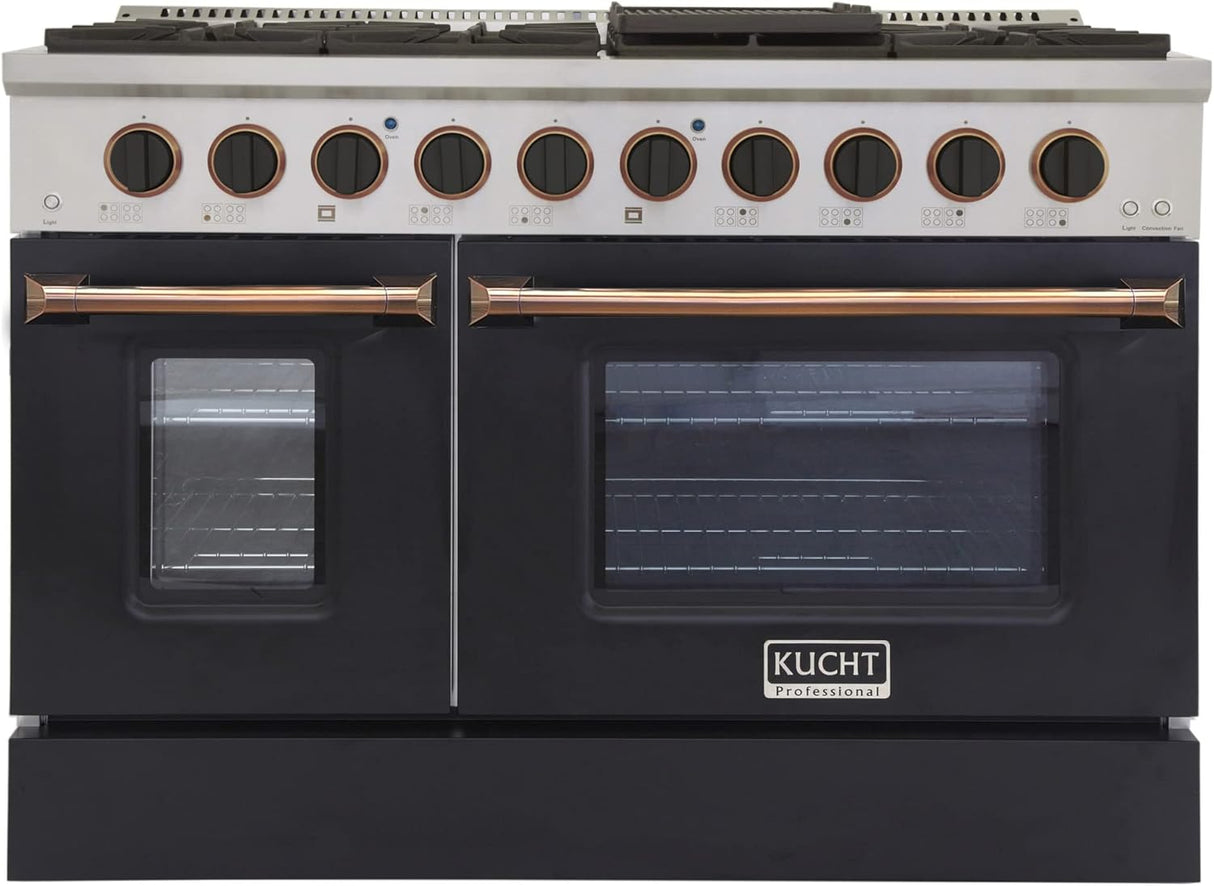 KUCHT Professional 48 in. 6.7 cu. ft. Dual Fuel Range for Natural Gas with Sealed Burners, Griddle/Grill and Two Ovens - One Convection - in Stainless Steel with Gold Handle, Rings and Knobs.