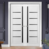 Solid French Double Doors | Quadro 4588 White Silk with Black Glass | Wood Solid Panel Frame Trims | Closet Bedroom Sturdy Doors