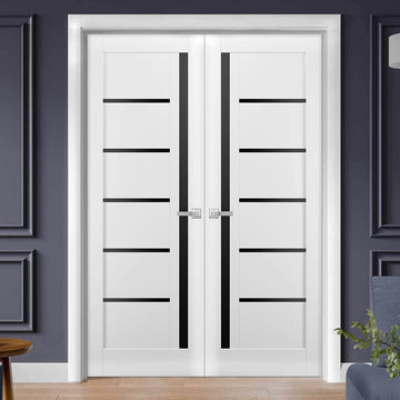 Solid French Double Doors | Quadro 4588 White Silk with Black Glass | Wood Solid Panel Frame Trims | Closet Bedroom Sturdy Doors