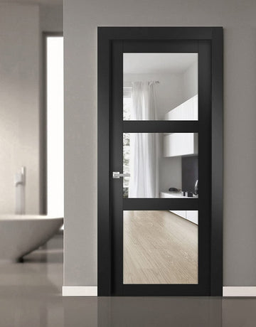 Solid Interior French | Lucia 2555 Matte Black with Clear Glass | Single Regular Panel Frame Trims Handle | Bathroom Bedroom Sturdy Doors