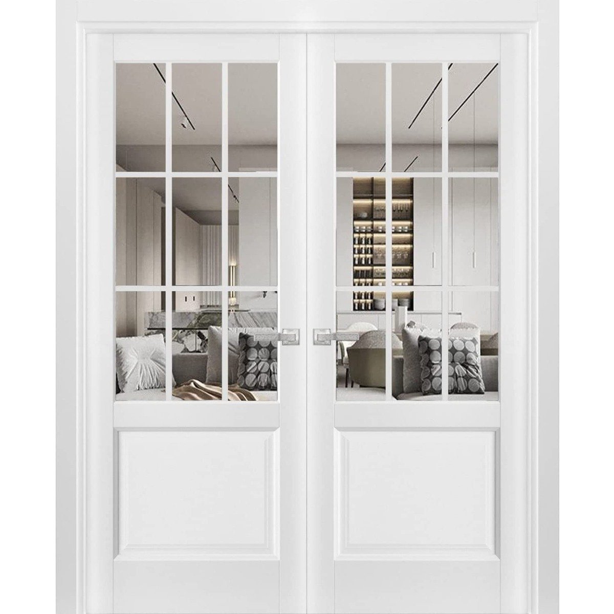 Solid French Double Doors | Felicia 3599 White Silk with Clear Glass | Wood Solid Panel Frame Trims | Closet Bedroom Sturdy Doors