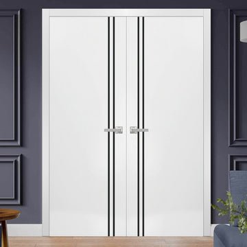 Solid French Double Doors | Planum 0016 White Silk | Wood Solid Panel Frame Trims | Closet Bedroom