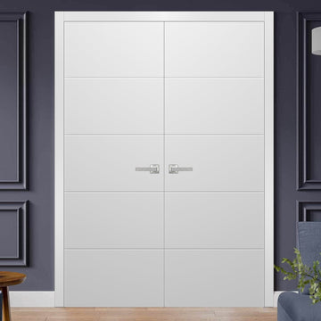 Planum Solid French Double Doors | Planum 0770 Painted White Matte | Wood Solid Panel Frame Trims | Closet Bedroom Sturdy Doors