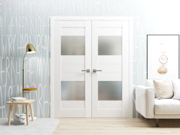 Solid French Double Doors Opaque Glass 2 Lites / Sete 6222 White Silk / Wood Solid Panel Frame / Closet Bedroom Modern Doors