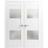 Solid French Double Doors Opaque Glass 2 Lites / Sete 6222 White Silk / Wood Solid Panel Frame / Closet Bedroom Modern Doors