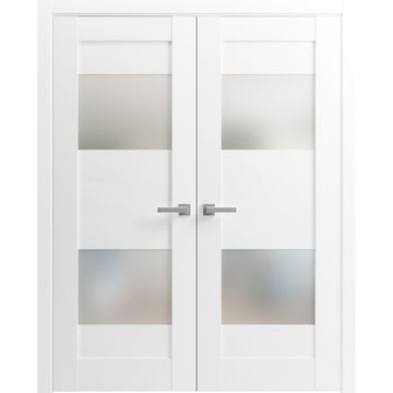 Solid French Double Doors Opaque Glass 2 Lites / Sete 6222 White Silk / Wood Solid Panel Frame / Closet Bedroom Modern Doors