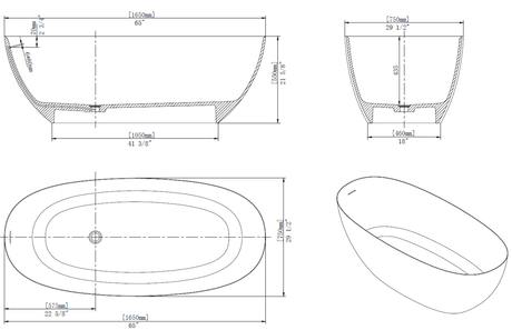 65 Inch Floor Mounted Freestanding Soaking Oval Shape Bathtub with Matte Finish Center Drain & Overflow Hole - BUILDMYPLACE