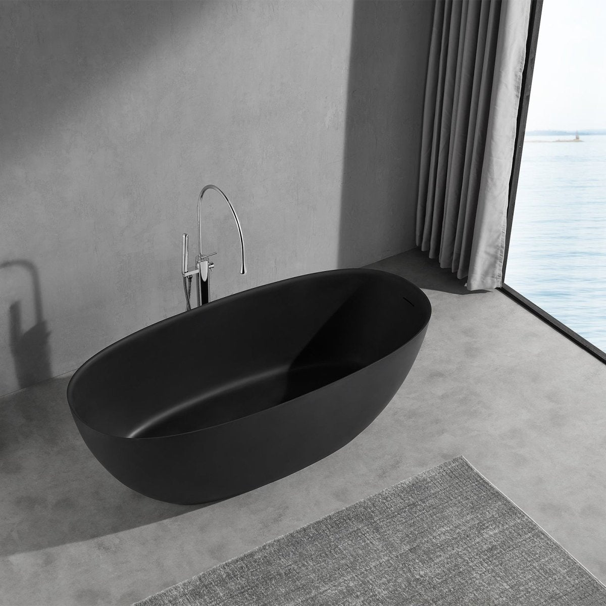 65 Inch Floor Mounted Freestanding Soaking Oval Shape Bathtub with Matte Finish Center Drain & Overflow Hole - BUILDMYPLACE