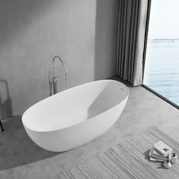 65 Inch Floor Mounted Freestanding Soaking Oval Shape Bathtub with Matte Finish Center Drain & Overflow Hole