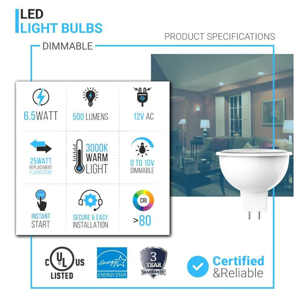 6.5W LED Light Bulbs - MR16 - 3000K Dimmable - 500 Lm - GU5.3 Base - Warm White - BUILDMYPLACE