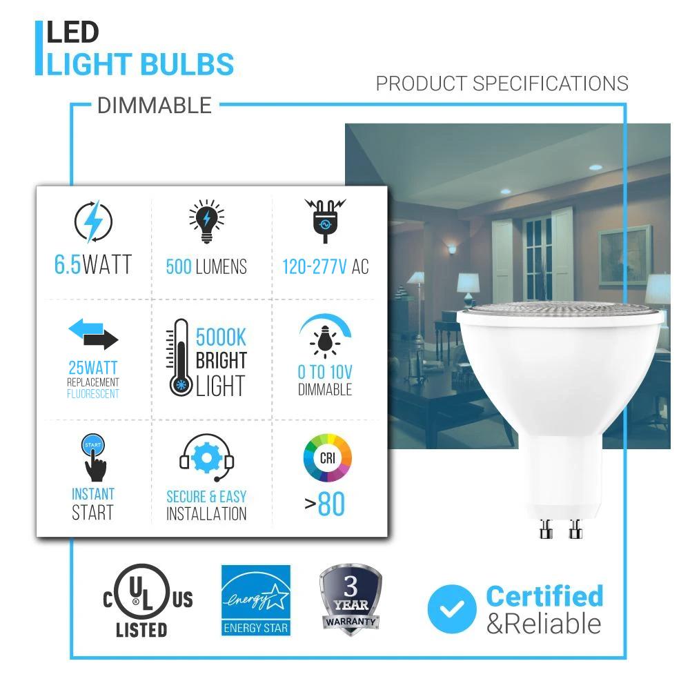 6.5W LED Light Bulbs - PAR16 - 5000K Dimmable - 500 Lm - GU10 Base - Daylight White - BUILDMYPLACE