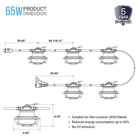 65W String Work Light With Cage - 5000K, 50ft, 8000 Lumens , IP65 rated , 5 Lights Per Bunch - BUILDMYPLACE