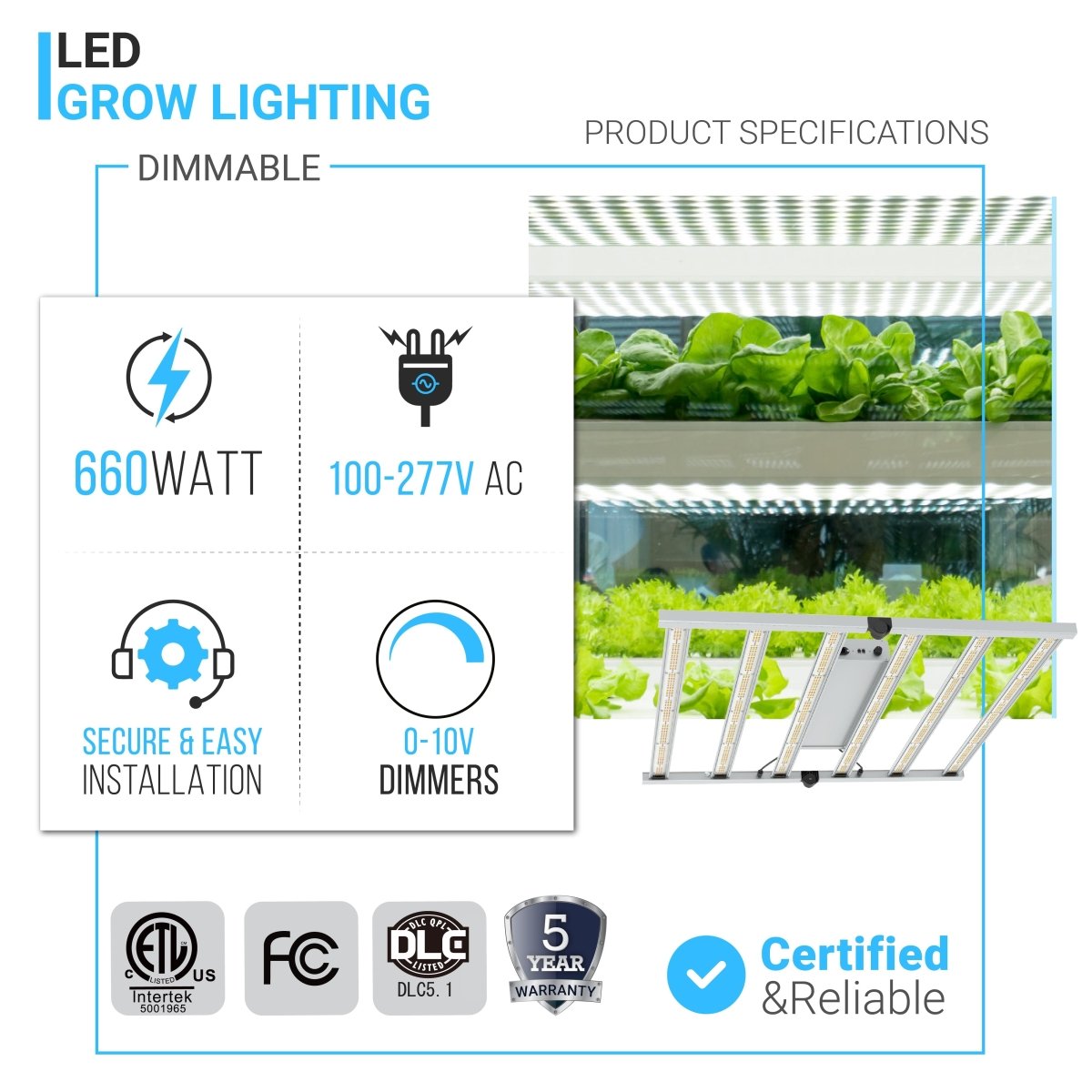 660W Led Grow Light, 100 - 277 V, 2.8µmol/j, Dimmable, Commercial Led Plant Lights for Indoor Hydroponics Greenhouse Plants Veg and Bloom - BUILDMYPLACE