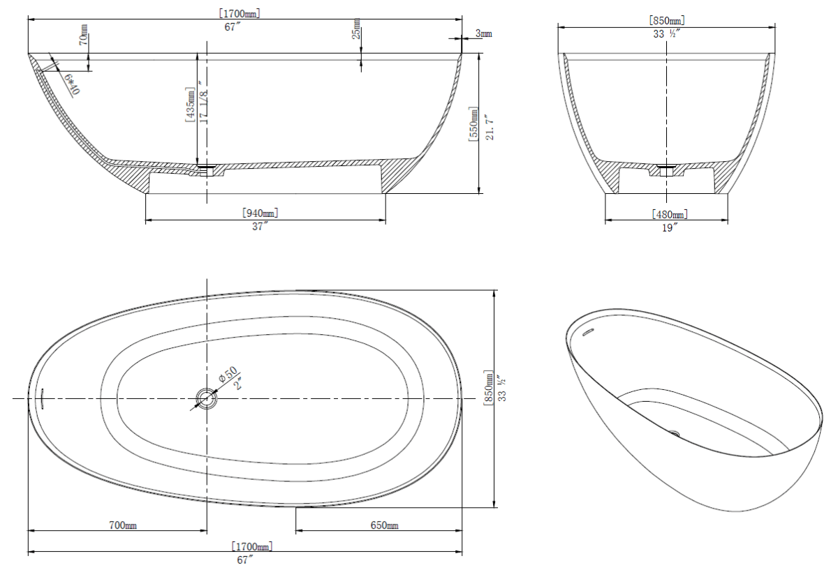 67 Inch Floor Mounted Freestanding Soaking Oval Shape Bathtub with Matte Finish Center Drain & Overflow Hole - BUILDMYPLACE