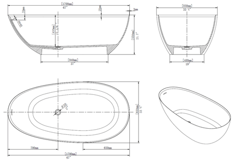 67 Inch Floor Mounted Freestanding Soaking Oval Shape Bathtub with Matte Finish Center Drain & Overflow Hole - BUILDMYPLACE