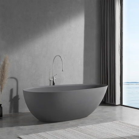 67 Inch Floor Mounted Freestanding Soaking Oval Shape Bathtub with Matte Finish Center Drain & Overflow Hole - BUILDMYPLACE