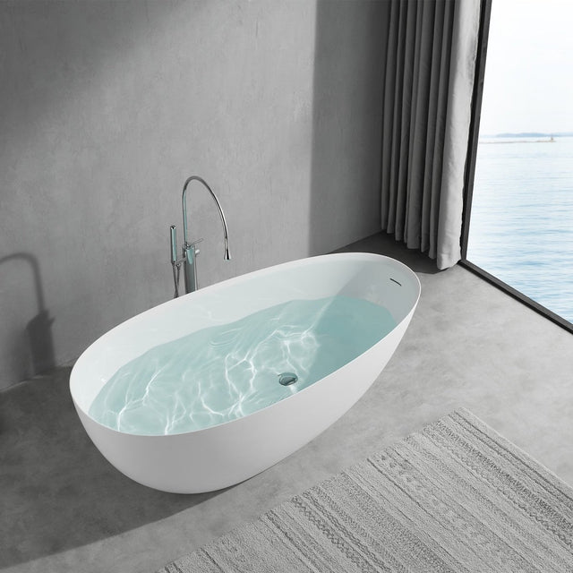 67 Inch Floor Mounted Freestanding Soaking Oval Shape Bathtub with Matte Finish Center Drain & Overflow Hole - BUILDMYPLACE