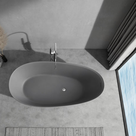 67 Inch Floor Mounted Freestanding Soaking Oval Shape Bathtub with Matte Finish Center Drain & Overflow Hole - BUILDMYPLACE