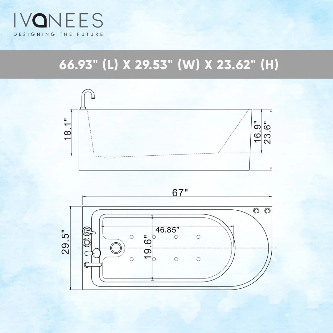 67 x 30 in. Freestanding Acrylic Whirlpool Corner Bathtub with left Drain - BUILDMYPLACE