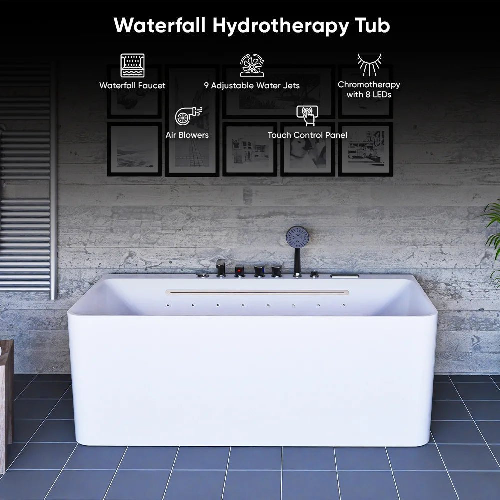 67 x 30 in. White Acrylic Rectangular Freestanding Whirlpool Bathtub with Center Drain - BUILDMYPLACE