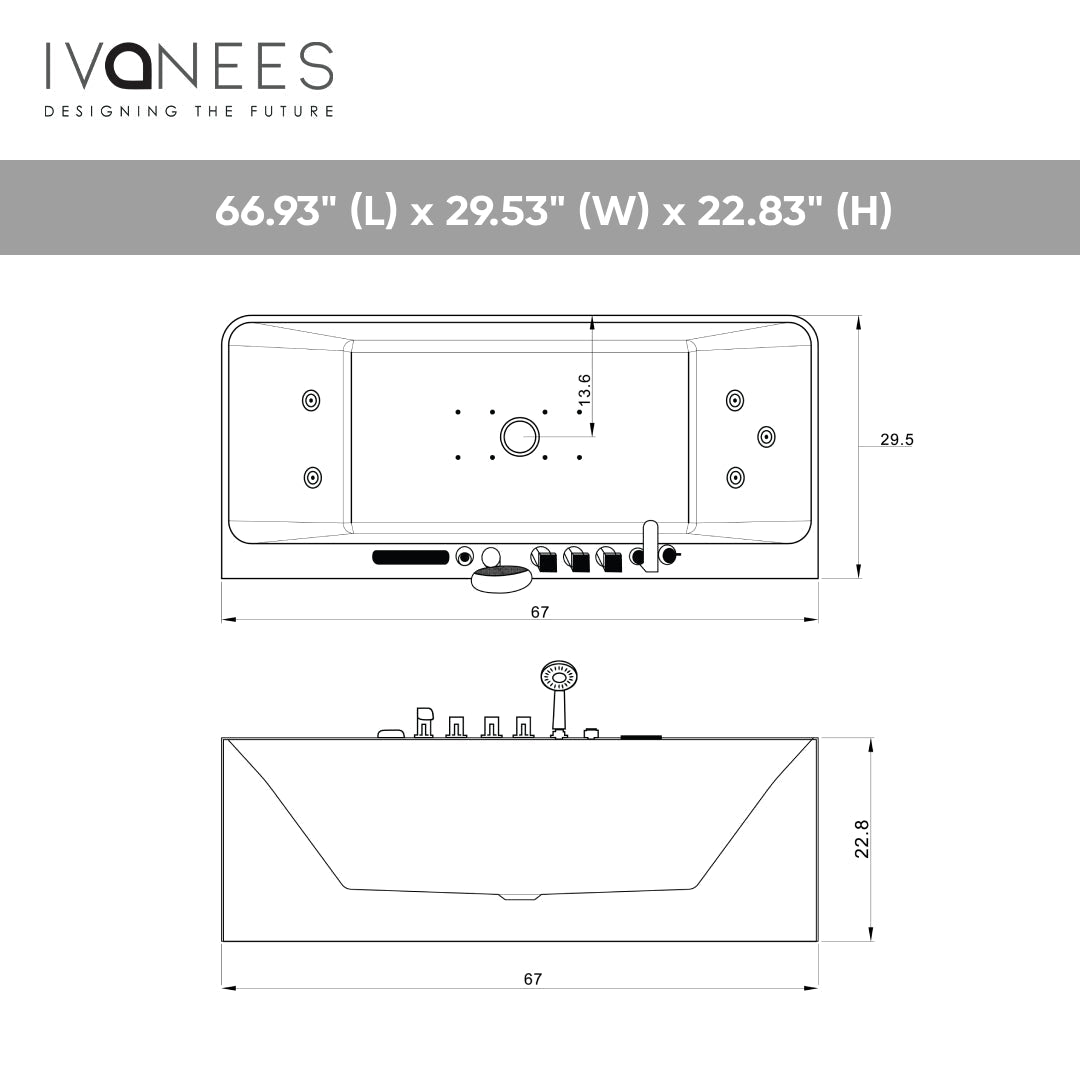 67 x 30 in. White Acrylic Rectangular Freestanding Whirlpool Bathtub with Center Drain - BUILDMYPLACE