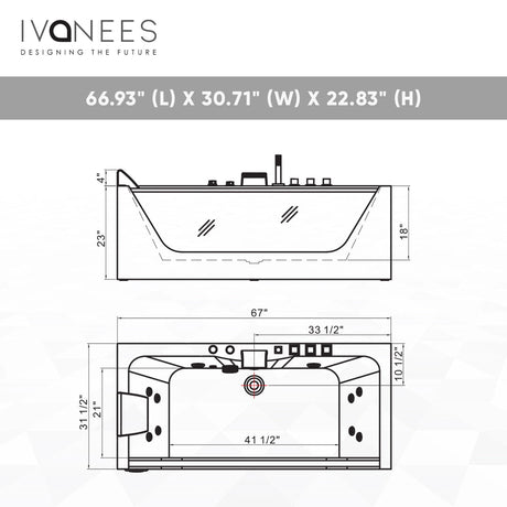 67 x 31 in. Freestanding White Acrylic Whirlpool Jetted SPA Bathtub with Center Drain - BUILDMYPLACE