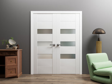 Solid French Double Doors Opaque Glass / Sete 6900 White Silk / Wood Solid Panel Frame / Closet Bedroom Modern Doors