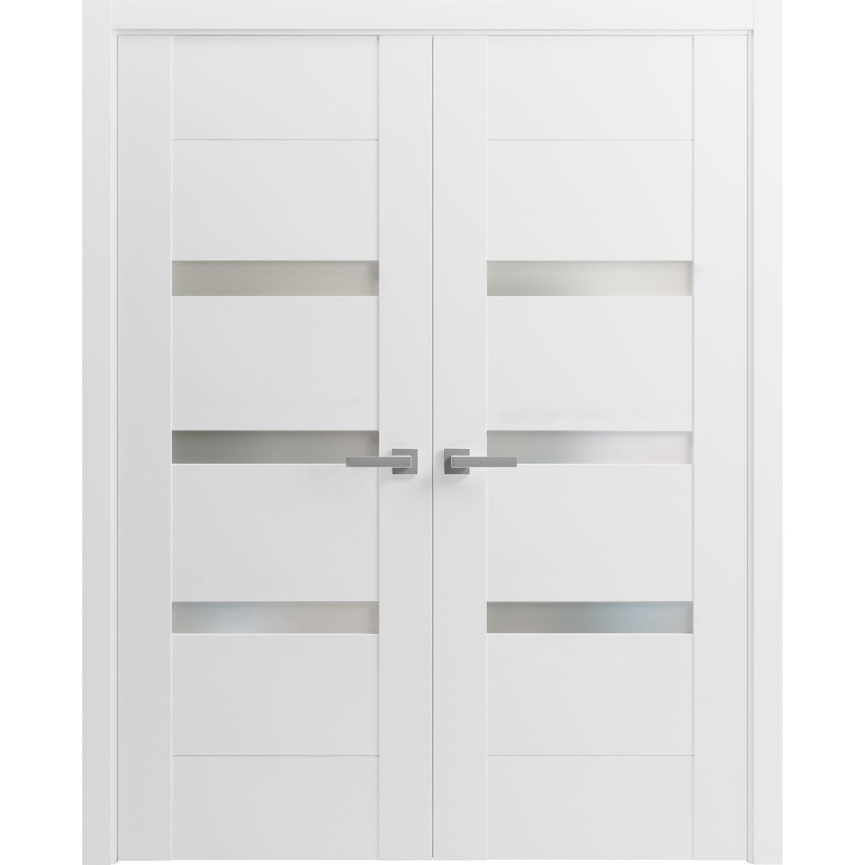 Solid French Double Doors Opaque Glass / Sete 6900 White Silk / Wood Solid Panel Frame / Closet Bedroom Modern Doors