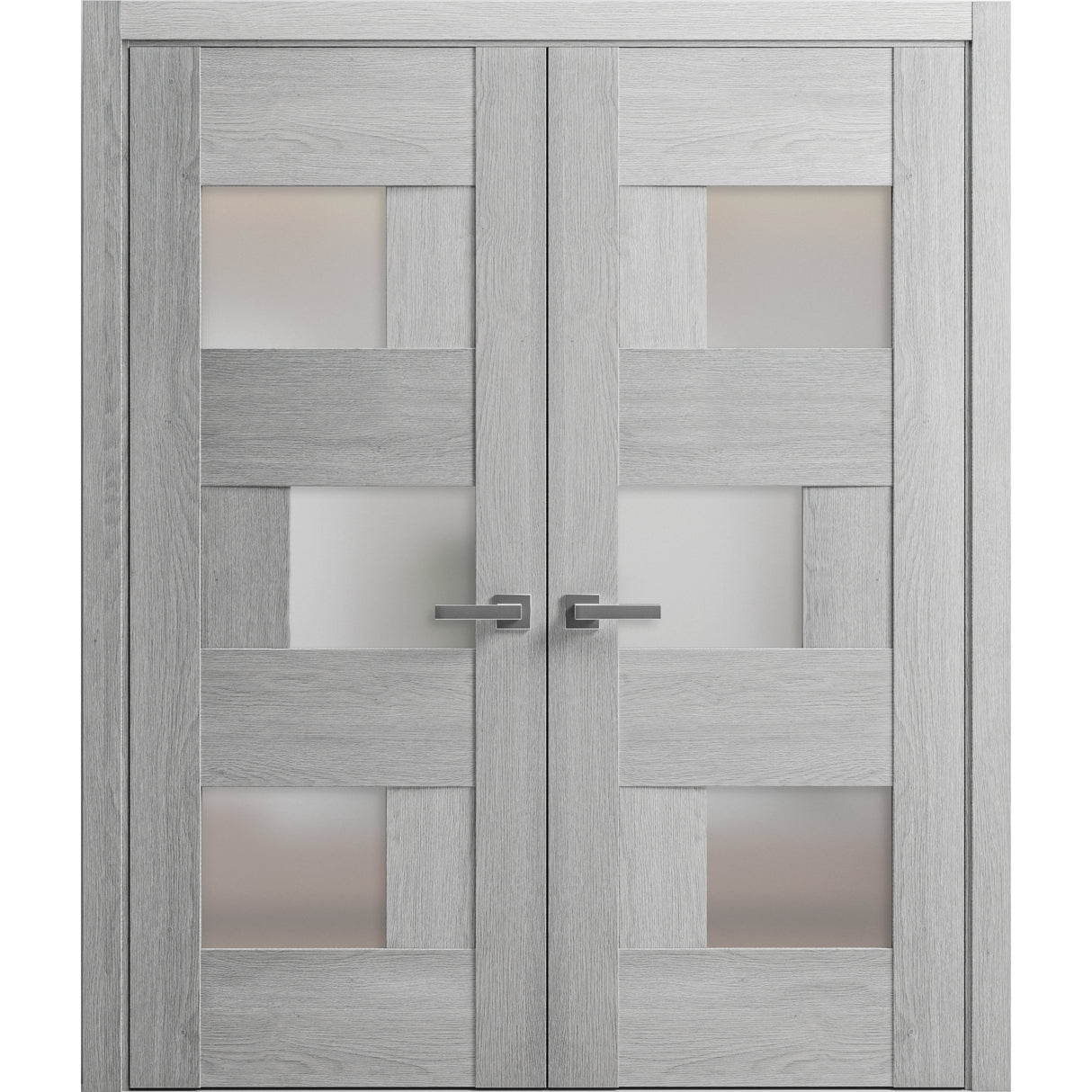 Solid French Double Doors Frosted Glass | Sete 6933 Light Grey Oak | Wood Solid Panel Frame Trims | Closet Bedroom Sturdy Doors