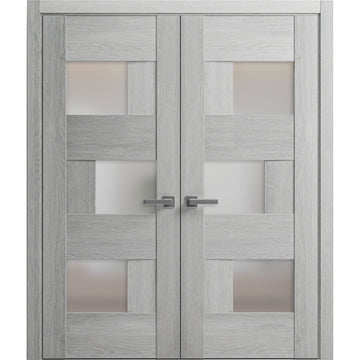Solid French Double Doors Frosted Glass | Sete 6933 Light Grey Oak | Wood Solid Panel Frame Trims | Closet Bedroom Sturdy Doors