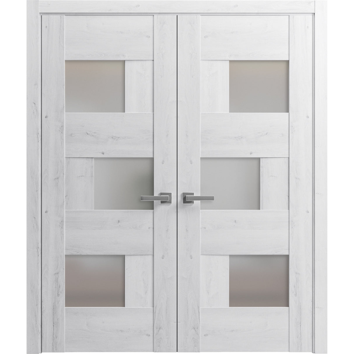 Solid French Double Doors Frosted Glass | Sete 6933 Nordic White | Wood Solid Panel Frame Trims | Closet Bedroom Sturdy Doors